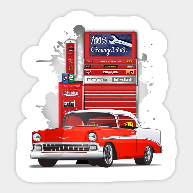 1956 Matador Red and White Chevy Bel Air Garage Built Print Sticker by RPM-ART